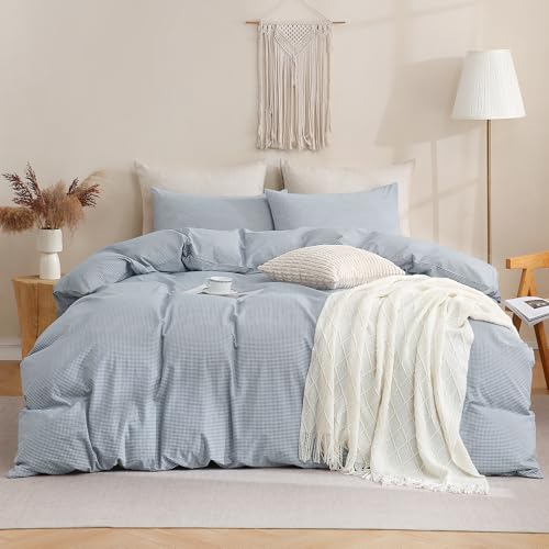 Image of TOCOMOA Mini Gingham Blue Duvet Cover Bedding Set 100% Washed Cotton Like Linen Feel Super Soft Comfortable 3 Piece Small Plaid Checkered Comforter Cover Set (King 104 inchx90 inch, Comforter Not Included)
