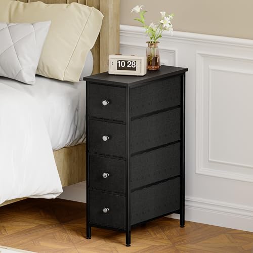 Fixwal Narrow Storage Cabinet, Small Dresser with 4 Drawers, Slim Fabric Dresser Storage for Small Spaces, Black Nightstand Side Table for Bedroom, Bathroom, Laundry, Closet, Dorm