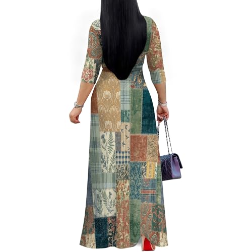 Image of Women's Plus Size Maxi Dresses Long Sleeves V Neck Floral Print Bohemian Swing Long Dress with Belt