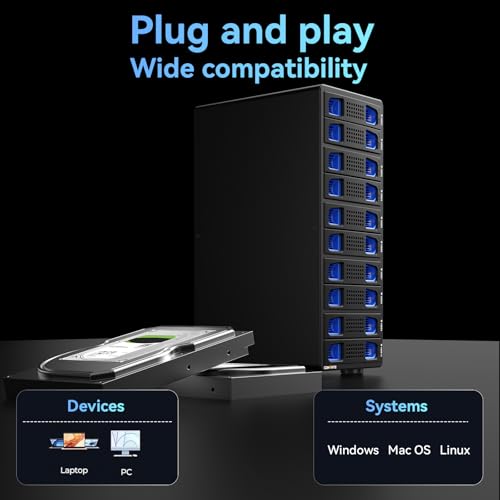 Image of CENMATE Aluminum 10 Bay Hard Drive Enclosure with Cooling Fan for 2.5 inch /3.5 inch SATA HDD /SSD with USB A /C 3.0, Support Hot Swappable, Tool-Free HDD Enclosure, DAS(NO RAID /NAS)