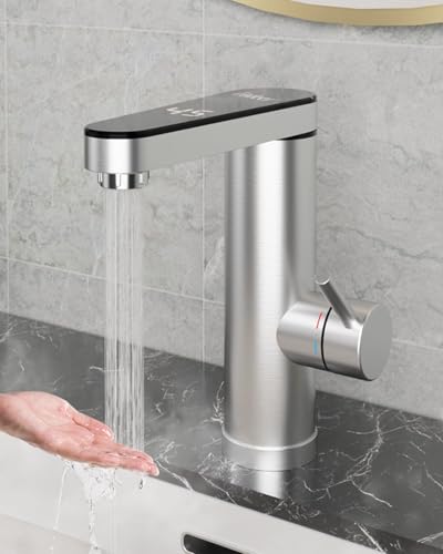 Edelstahl Warmwasserbereiter Hahn, elektrischer Wasserhahn mit Durchlauferhitzer mit digitaler Temperaturanzeige, 120 Grad Schwenkauslauf, elektrische Armaturen für Bad, Garten (Bildschirm Auslauf)