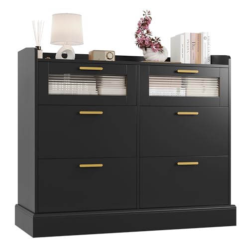 Image of HOSTACK Modern 6 Drawer Dresser for Bedroom, Double Wide Chest of Drawers with Storage, Tall Dresser with Gold Handle & Fluted Glass, Wood Console Cabinet with Fence for Living Room, Entryway, Black