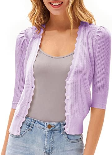 Women's Half Sleeve Cropped Cardigans Sweaters Lightweight Jackets Open Front Short Shrugs for Dresses Purple L