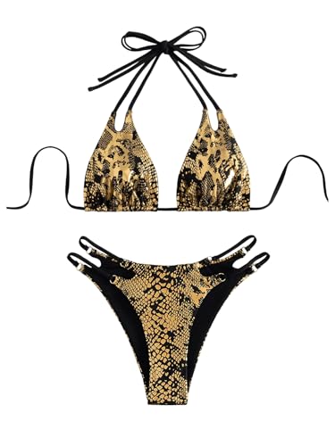SOLY HUX Bathing Suit for Women Metallic Snakeskin Print Halter Triangle Cut Out Bikini Sets Two Piece Swimsuit