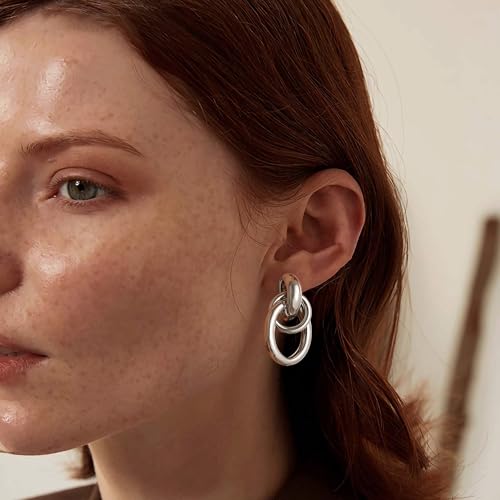 Image of SHERLOVE Trendy Silver Geometric Link Earrings for Women Chunky Statement Drop Dangle Earrings Lightweight Hypoallergenic Fashion Silver Jewelry