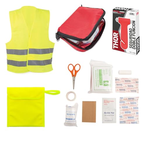 Adri - Kit de Emergencias + Primeros Auxilios - Chaleco Reflectante de Seguridad + Bolsa de almacenamiento + Martillo de emergencias + Botiquín (1)
