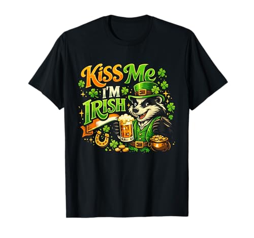 Kiss Me Im Irish St Patricks Day Badger Shamrock T-Shirt