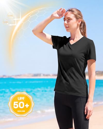 Image of Runhit Womens Workout Tops Short Sleeve UPF 50+ Athletic Sun Shirts Quick Dry V Neck T-Shirt Moisture Wicking Gym Hiking Tee