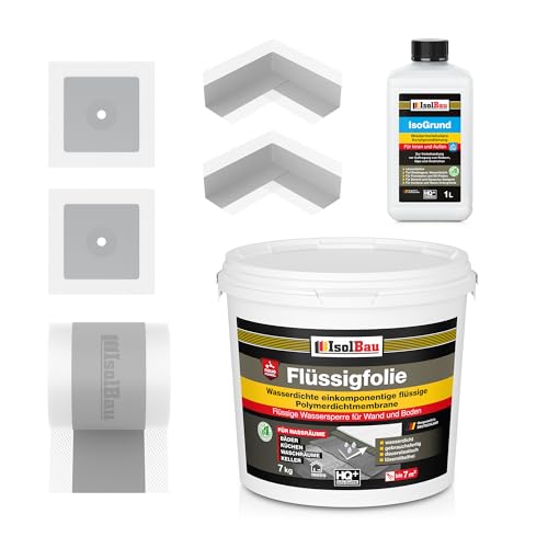 Isolbau Dicht-Set - Inkl. 1x Flüssigfolie (7 kg), 1x Grundierlösung (1 L), 1x Dichtband (5 m), 2x Innenecken & 2x Manschetten