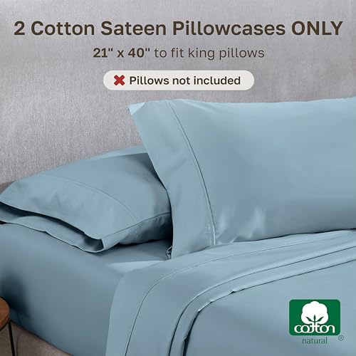 Image of California Design Den King Size Pillowcase Set - 400 Thread Count, 100% Cotton Sateen, Set of 2 Pillow Covers, Soft and Breathable - Sky Blue