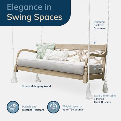Cambridge Casual Renley Mahogany Wood Lime Wash Porch Swing Bed, Outdoor Swing Daybed with Oyster Cushion for Patio, Porch, Backyard – Comfortable & Durable Patio Furniture
