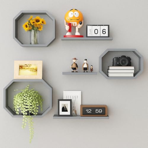 Image of Wall Mounted Floating Shelves Set of 6, Multipurpose Display, Book, Storage & Decor Shelves, Octagon Shape Wooden Wall Shelf for Living Room, Bedroom, Kitchen (Grey)