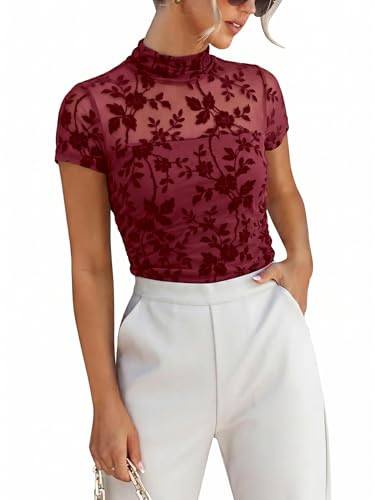 ANRABESS Womens Summer Sexy Mock Turtle Neck Short Sleeve Tops Sheer Mesh Shirts Slim Blouse Trendy Ruched Going Out Outfits Red Floral-M