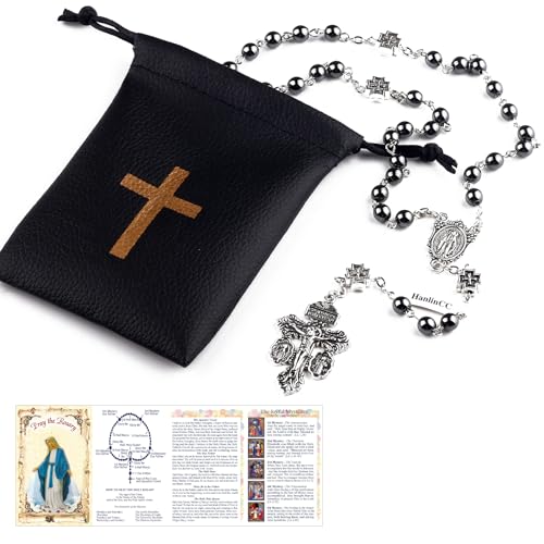 HanlinCC Catholic Rosary Necklace with Miraculous Medal and Pardon Crucifix with PU Leather Rosary Pouch and Pray Card for Men and Women
