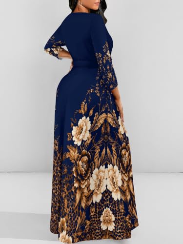 Image of PinkPatty Women's Plus Size V Neck 3 /4 Sleeve Wrap Maxi Dress with Belt