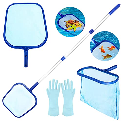 Frasheng Épuisette de Surface Piscine,Kit de Piscine Nettoyage,Filet à Mailles Fines Épuisette Piscine,Filet de piscine avec Manche Télescopique en Aluminium et Gants,pour Piscines,Spas,Fontaine,Étang