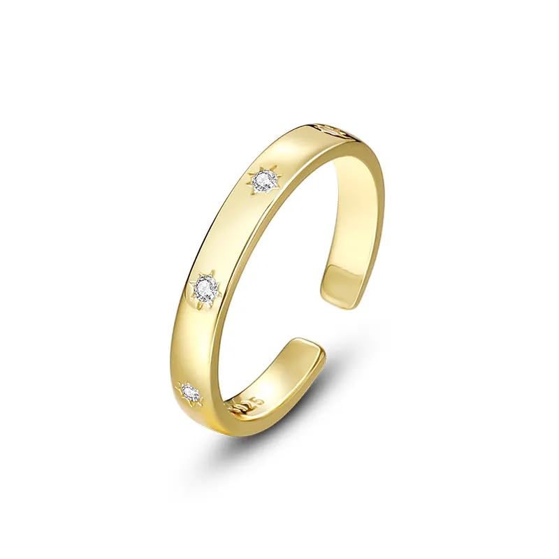 Gold Plated Star CZ Silver Band Ring, Zircon Adjustable Silver Ring For Women & Girls, Christmas New Year Gift For Wife Girlfriend With Certificate Of Authenticity