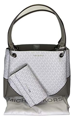 MICHAEL Michael Kors Nicole Large Shoulder Tote bundled with Michael Kors Jet Set Travel Large Trifold Wallet (Signature MK Bright White)