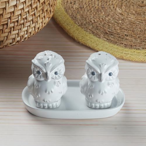 Image of Kookee Ceramic Owl Salt and Pepper Shaker Set with Tray (10283)