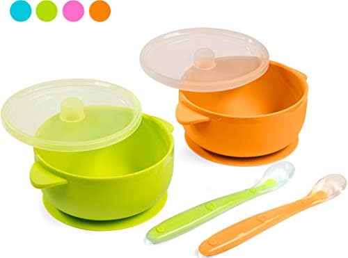 Silicone Baby Bowls Dishwasher/Microwave Safe Non-Slip for Babies/Toddlers/Kids Includes 2 Bowls 2 Soft Spoons and 2 lids BPA Free (Green & Orange)
