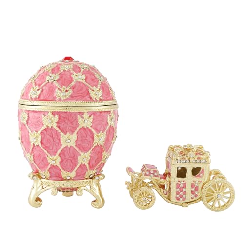 QIFU Hand Painted Pink Faberge Egg Style Enamel Trinket Box Hinged with Small Carriage Unique Jewelry Box to Jewelry in Style