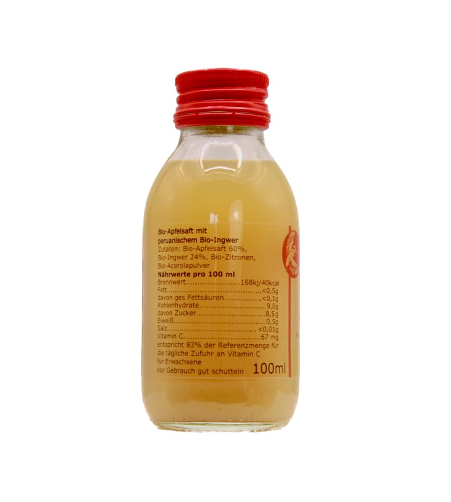 Pure Shot Confezione da 24 bottiglie da 100 ml di succo di mela e zenzero biologico vegano senza zucchero senza additivi 100% biologico (DE-ÖKO-005)