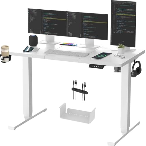 SANODESK QS1+140 * 60 Electric Standing Desk Height Adjustable Standing Desk With Memory Smart Panel Sit Stand Table With Hooks and Cupholder for Home Office (White Frame+ White Desktop)
