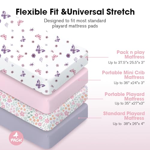 Image of Little Grape Land Mini Crib Sheets 4 Pack, Pack n Play Sheets Fitted 38 x 26 for Boys and Girls, Pack and Play Sheets Compatible with Graco Pack n Play Playard, Butterfly Flower