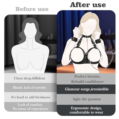Image of BDSM Bondage Sex Breast Restraints Set B to E Cup Boobs Sex Things for Couples Kinky Adult Sex Toys with Dual-Layer PU Leather Harness Collars with Traction Chain Handcuffs Accessories