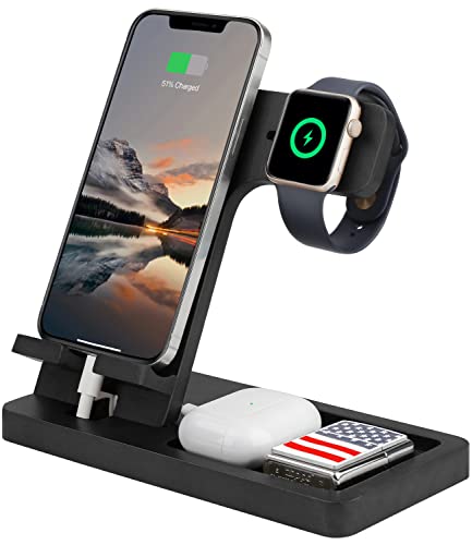 3 in 1 Charging Station, Wood Charger Stand for iPhone, iPad, Apple Watch, AirPods, Wood Phone Docking Station, Phone Charging Station Organizer, Charging Stand, Dad Gifts for Men (Black)