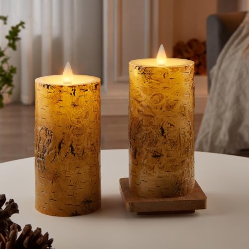 Image of Birch Bark Wax Flameless Candles with Remote Timer, Last 400-Hour with 2AA Batteries, 3D Moving Flame Led Candles, Set of 2(3''x6''), Remote Included(Birch bark).