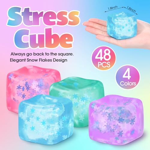 Image of Gemscream Stress Cube Bulk Slow Rising Ice Cube Stress Ball Sensory Squeeze Cubes Halloween Goodie Bag Stuffing for Adult Birthday Gift Anxiety Relief Party Favors(48 Pcs,Pink, Blue, Purple, Green)