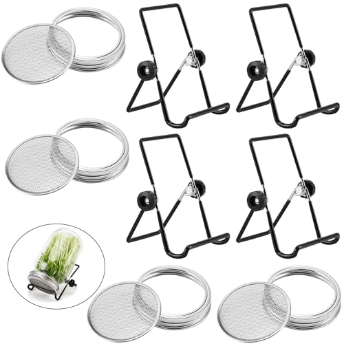 VOLCANOES CLUB Sprouting Lids Growing Kit - 316 Stainless Steel Sprouting Lids for 86mm Wide Mouth Mason Jar with Adjustable Stands - Organic Sprouts Broccoli Alfalfa Mung Bean Sprout Kit (Set of 4)