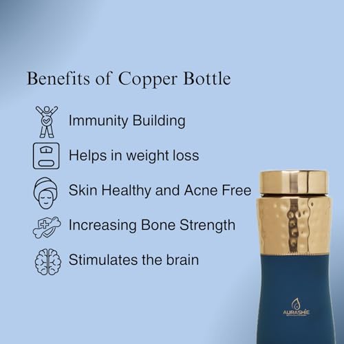 Image of Pure Copper Water Bottle 1 Litre | BPA Free & Leak Proof | Copper-Infused Water | Durable & Rust Proof | Ayurveda Health Benefits - Hammered Finish (Blue Grip Sleeve)