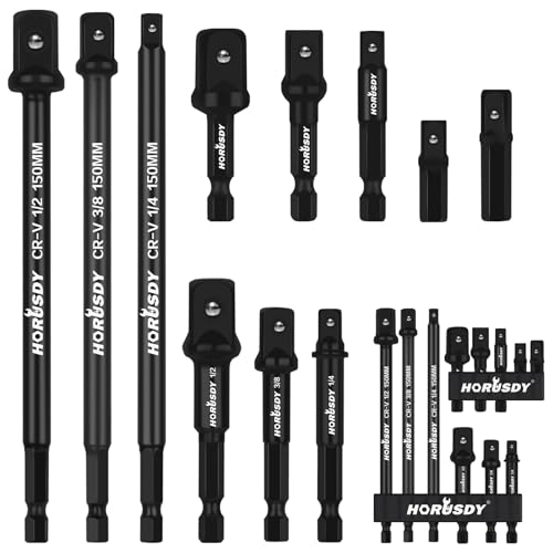 HORUSDY 11-Piece Impact Socket Adapter Set 1/4-Inch Hex Shank Cr-V Steel High Torque Drill Extension Bits 1/4 3/8 1/2 Impact Driver Socket Adapters with Storage Holder