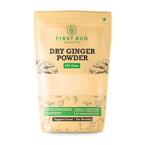 First Bud Organics Dry Ginger Powder - 250gm | Organic Ginger Powder With High Gingerol Content | Non GMO, Gluten Free & No Preservatives | Perfect For Cooking, Baking, Smoothies, and Teas