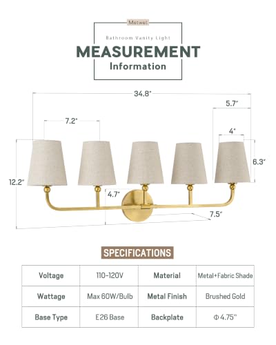 Image of 5-Light Brushed Gold Bathroom Vanity Light, Brown Linen Fabric Shade | 35 Inch gold bathroom light fixture over mirror, UL listed, E26 bulbs, hardwired, upward only, VL837-BG-L-5