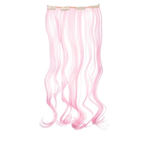 Swacc 7 Pcs Full Head Party Highlights Clip On In Hair Extensions Colored Hair Streak Synthetic Hairpieces (20-Inch Curly, Pink) #TOP4