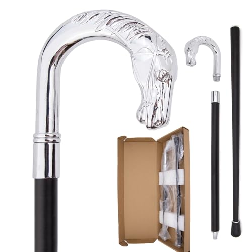 Bastón con Empuñadura en Forma de Cabeza Caballo Plateada, Senderismo Metal Lujo Estilo Británico, Decorativo Elegante y Original para Caballeros Bastón con Empuñadura en Forma de Cabeza Caballo Plateada, Senderismo Metal Lujo Estilo Británico, Decorativo Elegante y Original para Caballeros