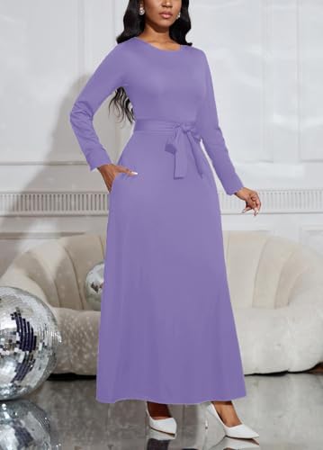 Image of BubFee Long Dress for Women Casual Long Sleeve Dresses Maxi Dress Empire Waist Loose with Belt