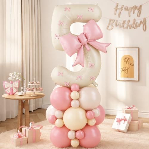 Image of 40 Inch Pink Beige Number 5 Balloon Tower with Bow 5th Birthday Decorations