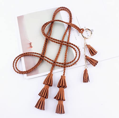 Women Girls Pu Leather Waist Belt Chain Skinny Rope With Double Tassel For Dress Skirt (Camel) #TOP2