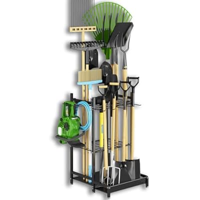 GILLAS Garden Tool Organizer for Garage, Utility Storage Racks with Hooks, Metal Yard Tool Stand Holder Organizer for Long-Handled, Broom, Shovel, Rake, Sturdy Heavy Rack for Outdoor, Yard, Black