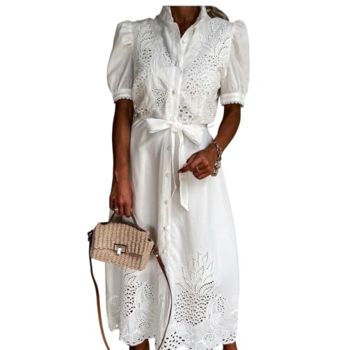 Image of Broderie Anglaise Belted Shirt Dress for Women (S,White)
