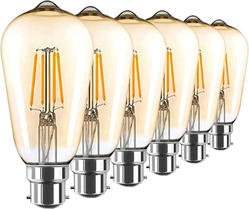 AidSci Vintage Edison Light Bulb LED, B22 Bayonet Cap ST64 Amber Glass Filament Bulb 4W (40W Equivalent) 400LM 2700K Warm White, Retro Antique Old Fashioned Style Edison Lamp, 6-Pack Golden Tinted