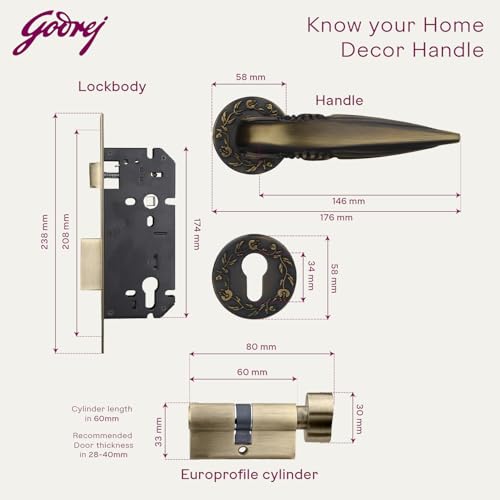 Image of Godrej Mortise Lock | Handle Lock Set for Main & Bedroom Door| Arsa Udaan Rose Handle| 240 mm Eco Lock Body | 60 mm Eco Pin Cylinder 1CK | Antique Brass | 5 Year Warranty