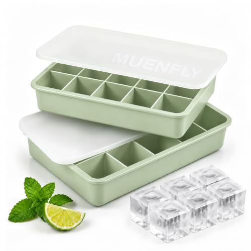 Lot de 2 Bac à Glaçons en Silicone Empilable avec Couvercle, Format 15 Cavités Carré, Facile à Démouler, Réutilisable, Certifié LFGB et sans BPA, Vert
