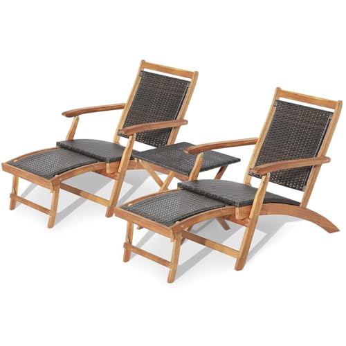 RELAX4LIFE Patio Chaise Lounge Chair Set of 3, Acacia Wood Folding Rattan Wicker Chairs w/Retractable Footrest, Side Table, 3-Piece Outdoor Patio Furniture, Fire Pit Deck Chairs Set for Porch Poolside