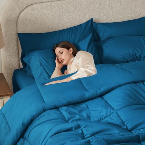 Anluoer Full Comforter Set 7 Piece, Teal Bed in a Bag with Sheets, Comforters Full Size Bedding Sets with 1 Comforter, 2 Pillow Shams, 2 Pillowcases, 1 Flat Sheet,1 Fitted Sheet