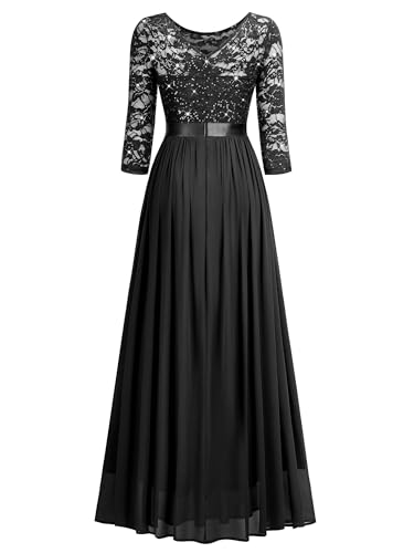 Miusol Women's Classy Scoop Neck Sequined Floral Lace Ruffle Split Wedding Party Maxi Dress4